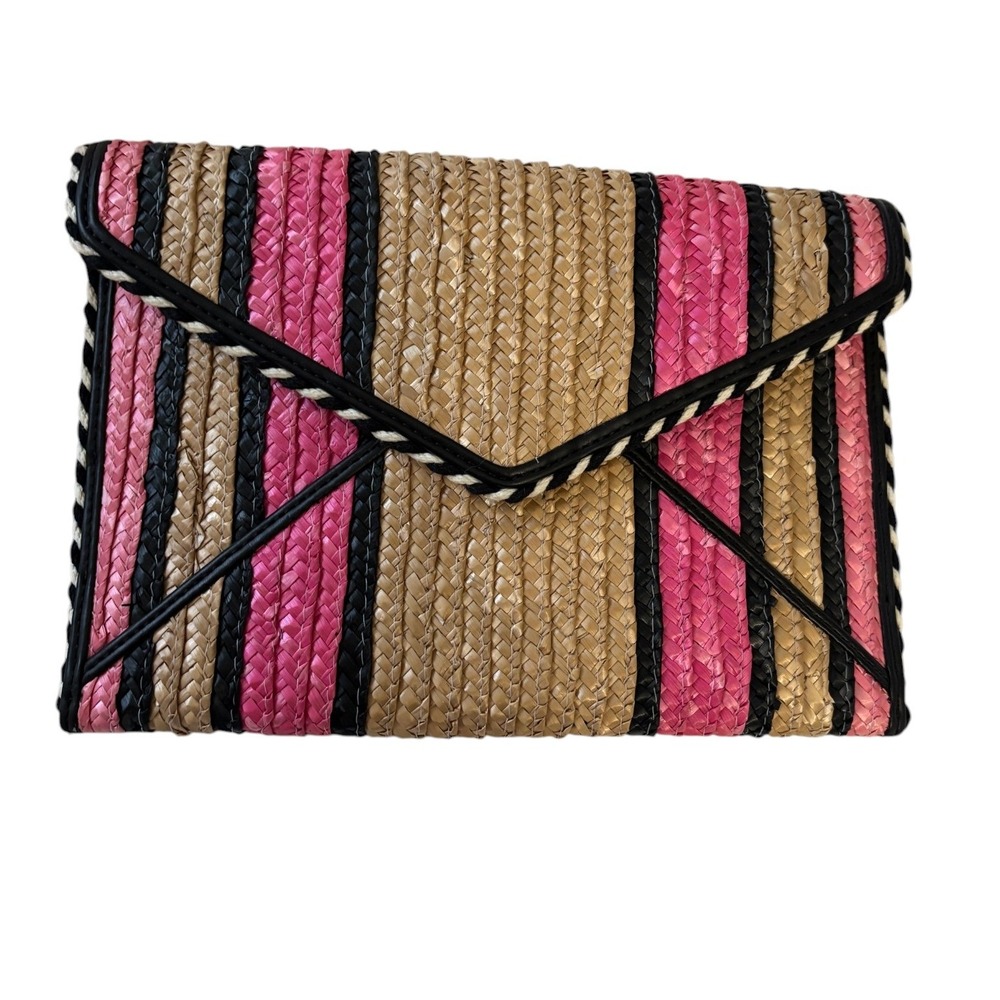 Rebecca Minkoff Straw Envelope Clutch Pink Black Tan Woven Resort Beach Bag
